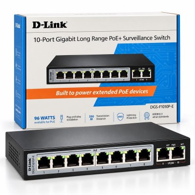 D-Link DGS-F1010P-E 8GE PoE+ 2GE Uplink 250m Long Range PoE+ Surveillance Switch
