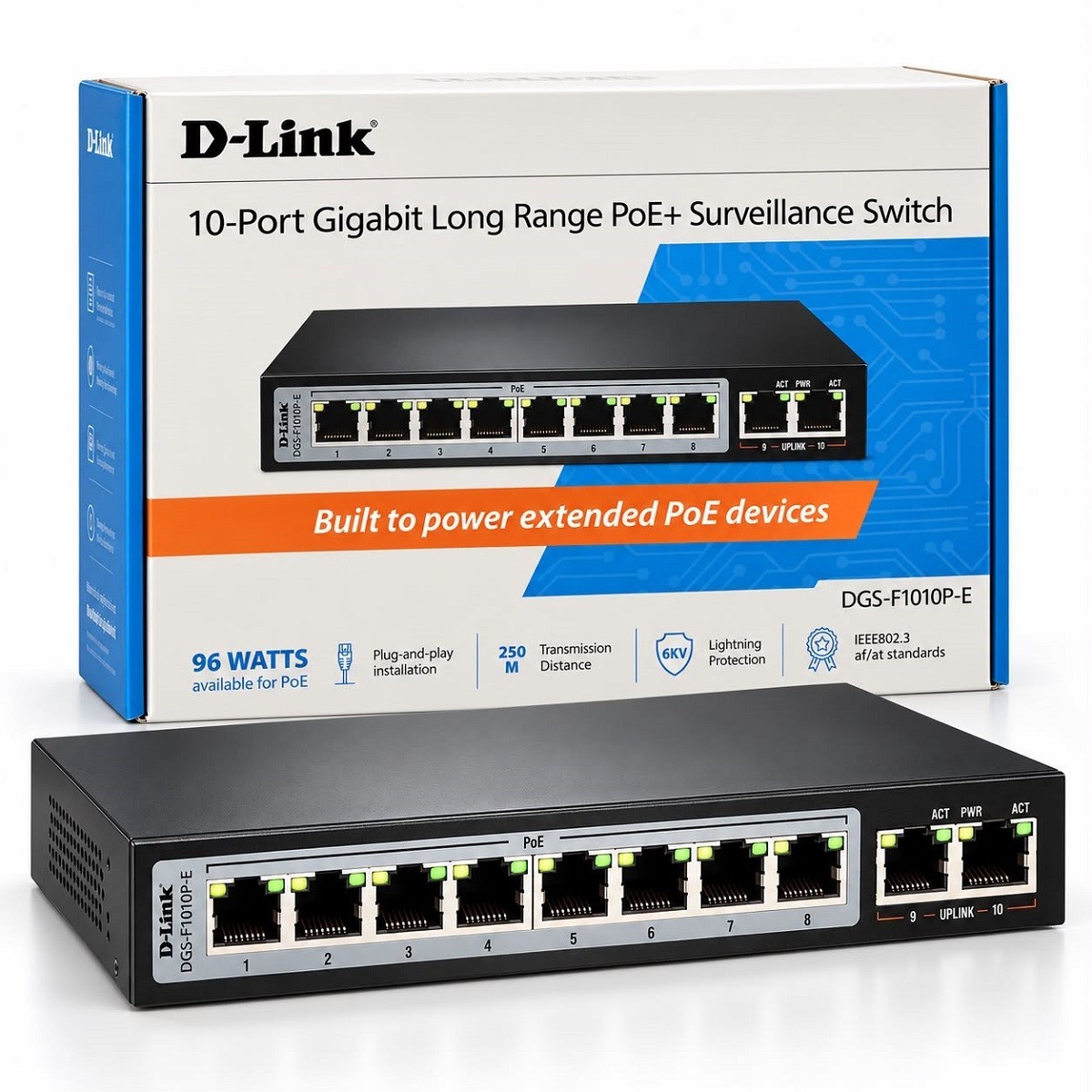 D-Link DGS-F1010P-E 8GE PoE+ 2GE Uplink 250m Long Range PoE+ Surveillance Switch