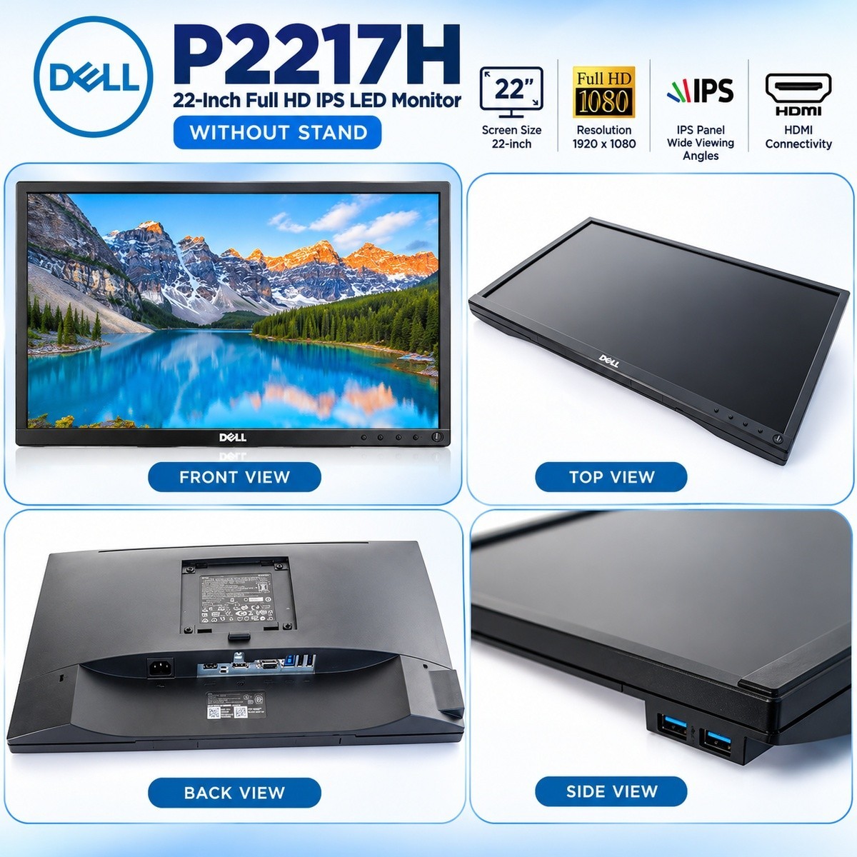 Dell P2217H 22-inch Full HD IPS LED monitor with HDMI and DisplayPort connectivity, supplied without monitor stand. | Ghana