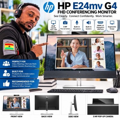 HP 24-inch  E24mv G4 FHD Conferencing Monitor with 5MP Webcam, IPS Display and HDMI 1.4 (Refurbished)