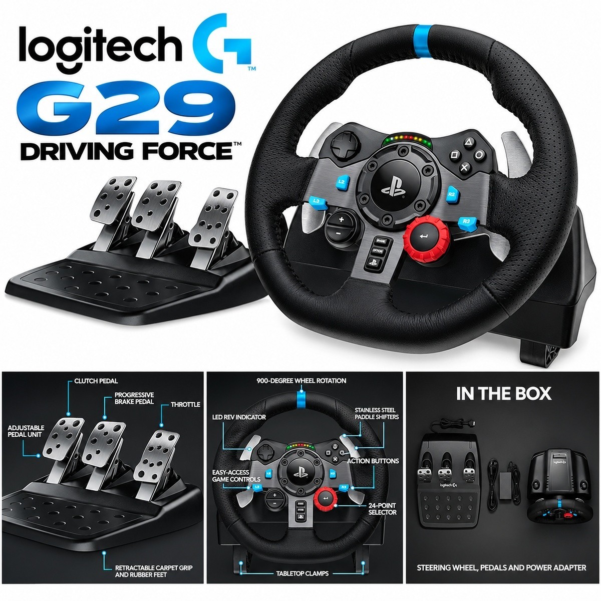 Logitech G29 Driving Force racing steering wheel with leather-wrapped wheel, stainless-steel paddle three-pedal unit | Ghana