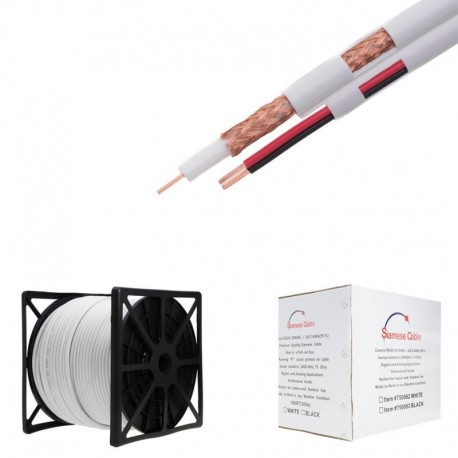 500FT White Bulk Siamese RG59/U Cable, 20AWG + 18/2AWG, 95% shielding, CCTV Video Wire White, 500 